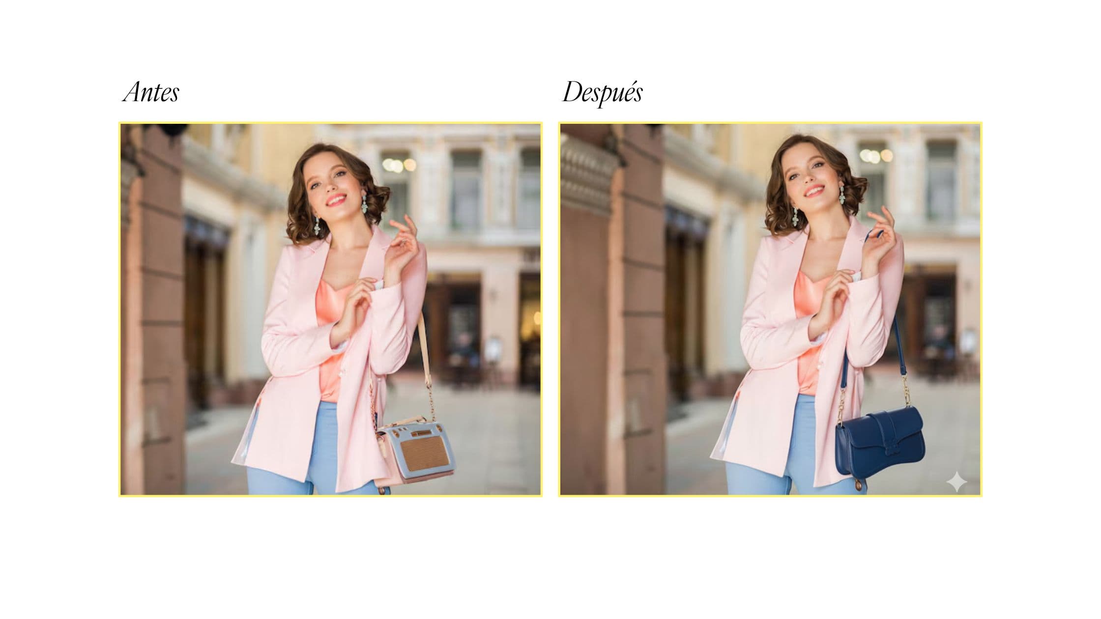 Antes y después de una foto publictaria de cartera con la IA de Gemini Nano Banana